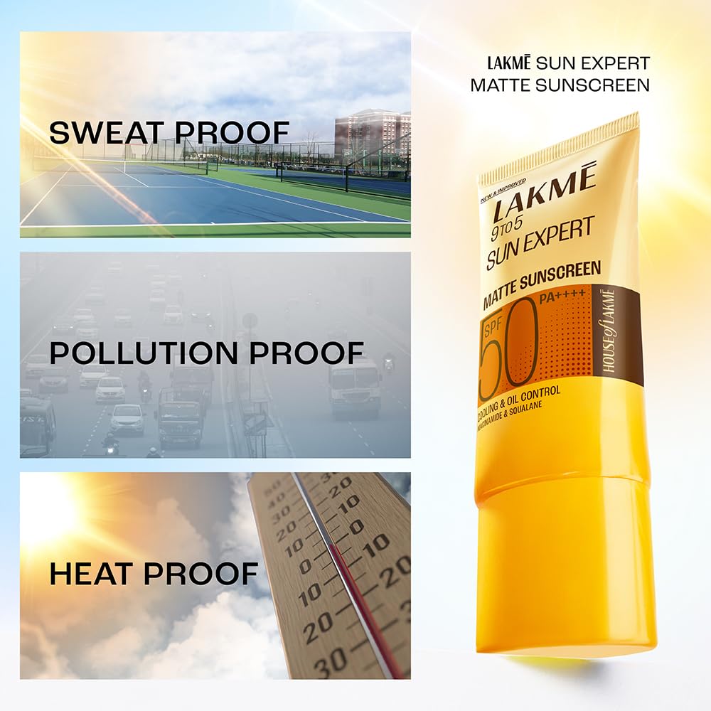 Lakme Sun Expert Matte Sunscreen tube with outdoor scenes labeled 'Sweat Proof', 'Pollution Proof', and 'Heat Proof'.