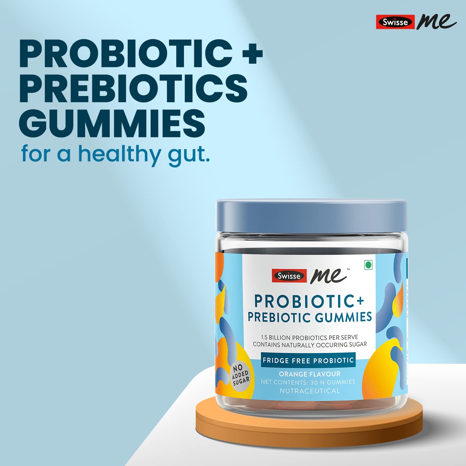 Zephivo SwisseMe Probiotics Prebiotic Gummies - Probiotic Supplement With 1.5 Billion CFU, Zero Added Sugar Fridge Free Probiotic - 30 Gummies (One Gummy Per Serving, Orange Flavour)