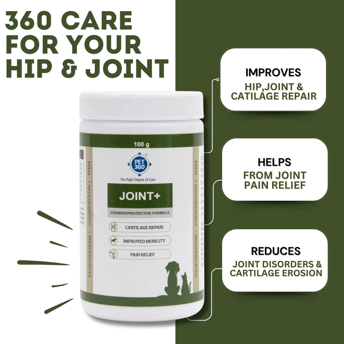 PET360 Joint+ Chondroprotective Formula - 100 gm | Hip, Joints, Cartilage Supplement for Dogs & Cats for Improved Mobility & Pain Relief with Glucosamine, Chondroitin, MSM | Suitable for All Breeds