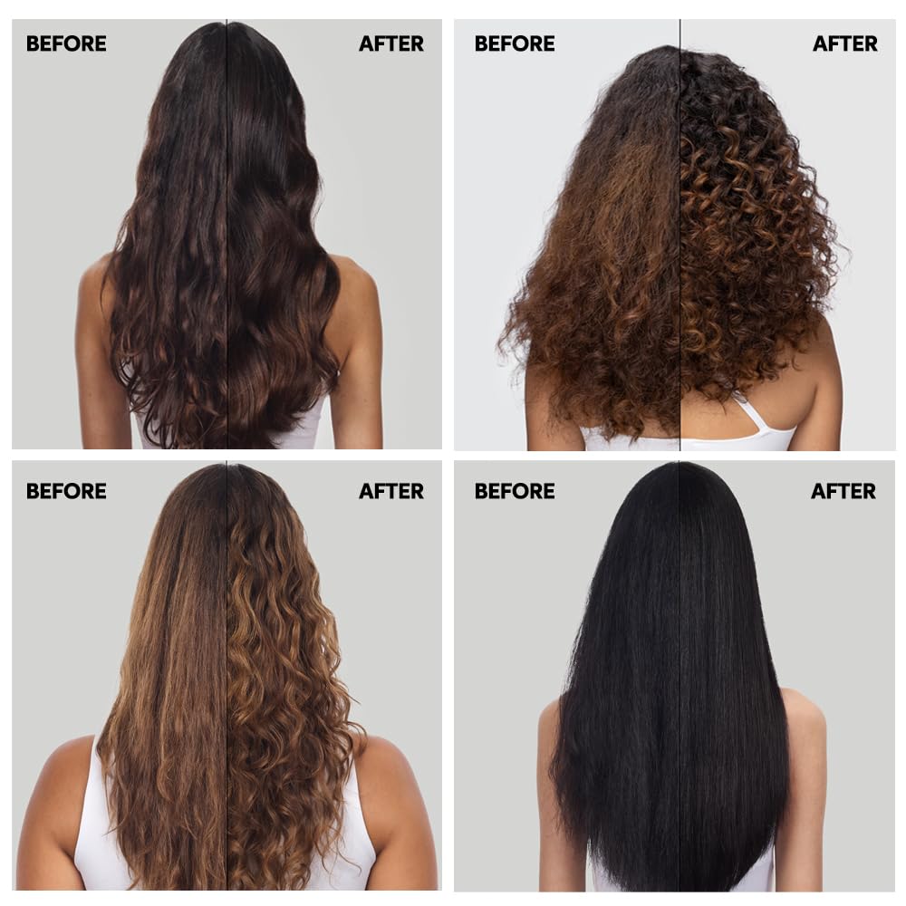 Before and after comparison of hair styling techniques on a person with long, wavy hair.