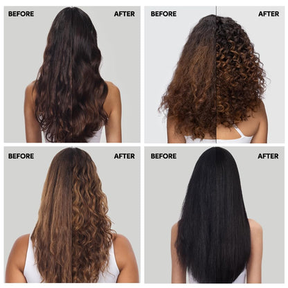 Before and after comparison of hair styling techniques on a person with long, wavy hair.