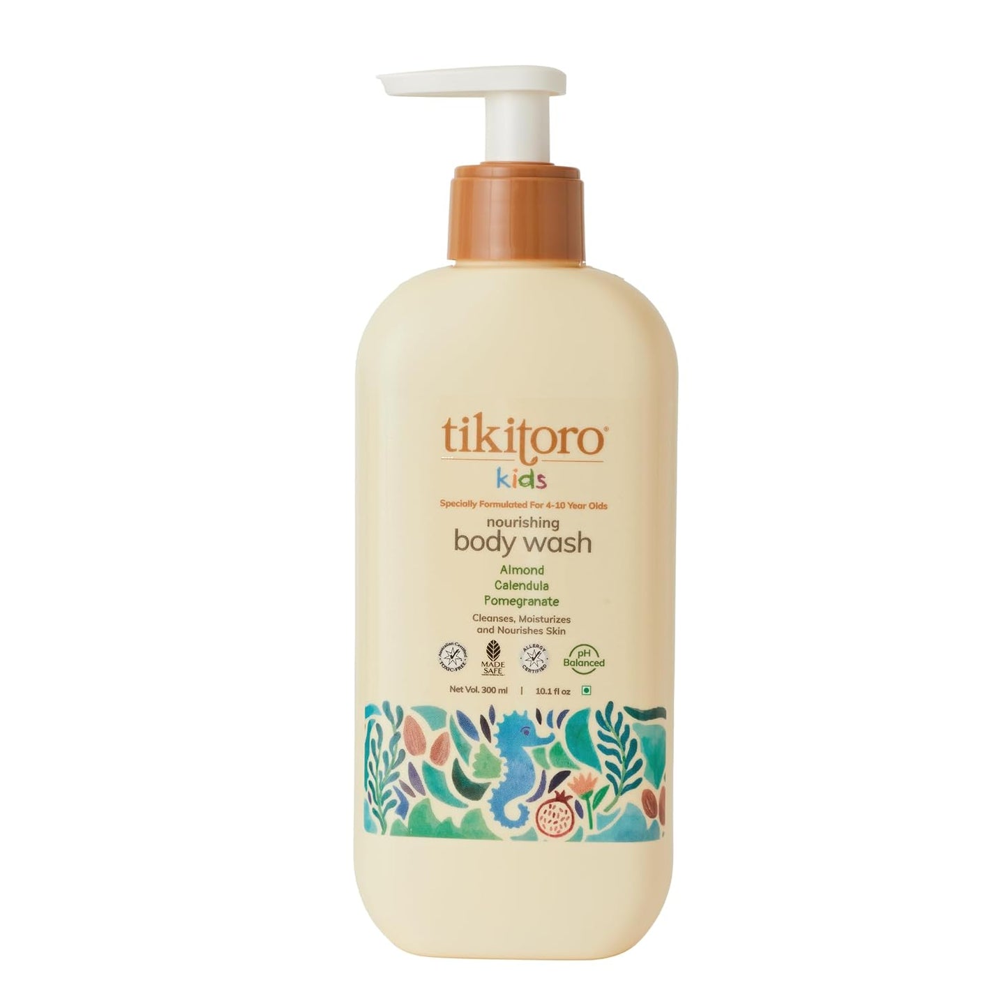 Tikitoro Kids Nourishing Body Wash | Pediatrician Approved | Vegan | Cleanses, Moisturizes & Nourishes Skin | Almond, Calendula, Pomegranate Extract | No Parabens & Sulphates, Age 4+ years (300ml)