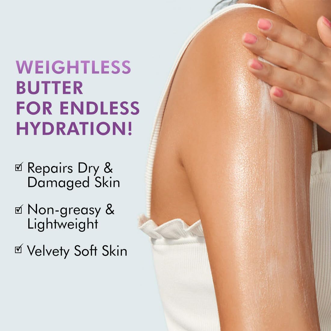 Person applying weightless butter to their arm with text highlighting its benefits on a light blue background.