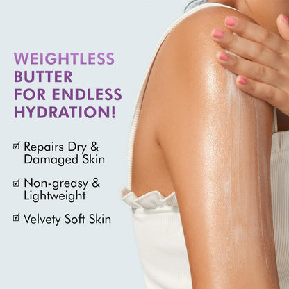 Person applying weightless butter to their arm with text highlighting its benefits on a light blue background.