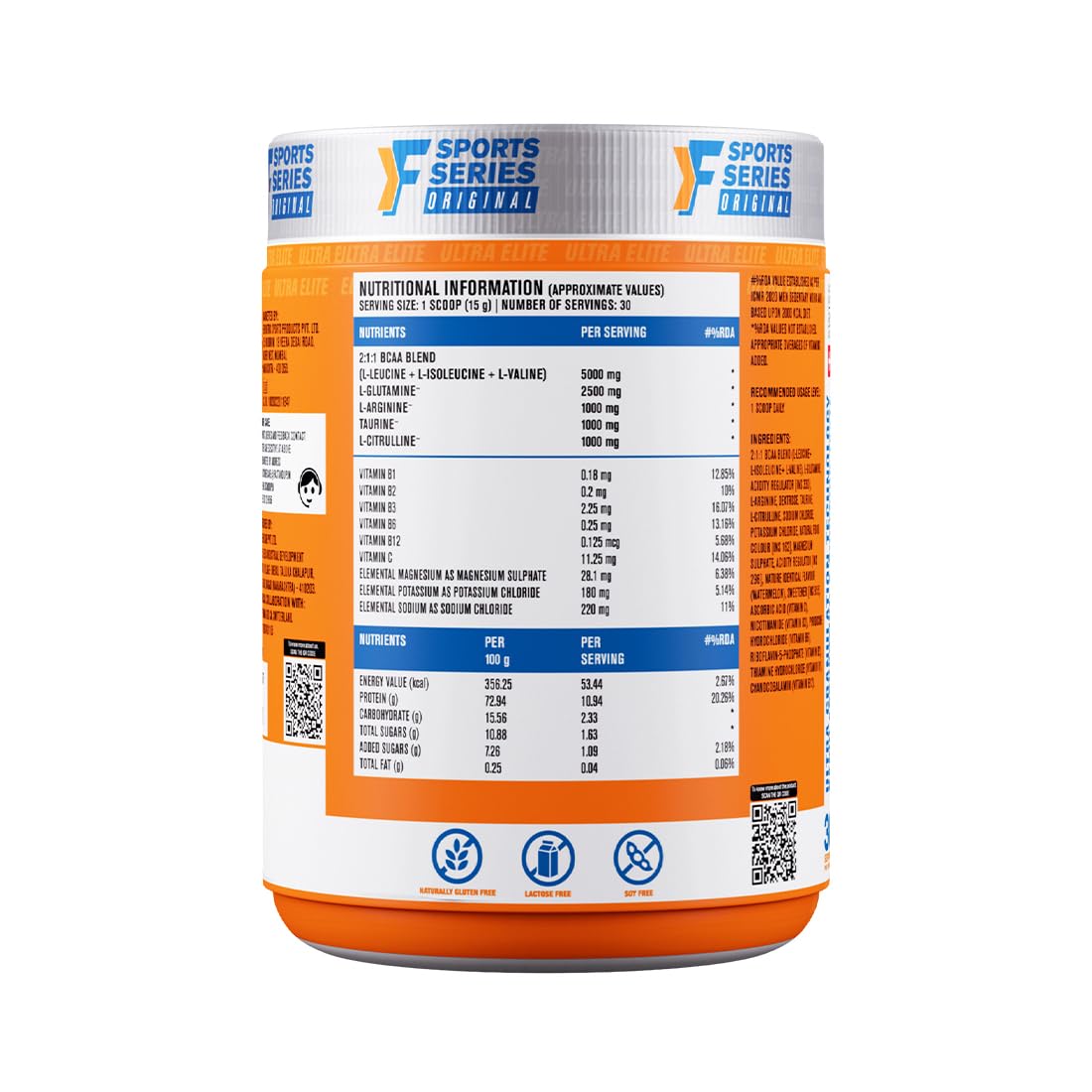 FAST&UP BCAA Watermelon Flavour Advanced BCAA Supplement with Glutamine, Citrulline, L-Arginine & Taurine - Pre/Post Workout & Intra Workout Supplement Powder for Adults(450gm, 30 Servings)