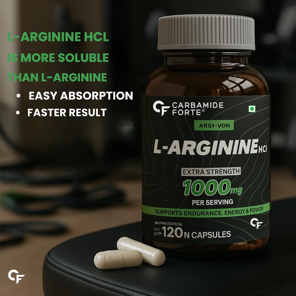 Bottle of L-Arginine HCI supplement with capsules on a dark surface