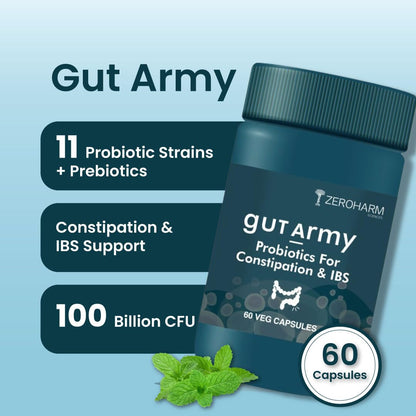 ZEROHARM Gut Army Probiotics for Constipation & IBS | 100 Billion CFU, 11 Strains | Psyllium Husk (Isabgol) & Peppermint | Gas & Bloating Relief, Digestive Comfort, Bowel Regularity | Men & Women | 60 Capsules
