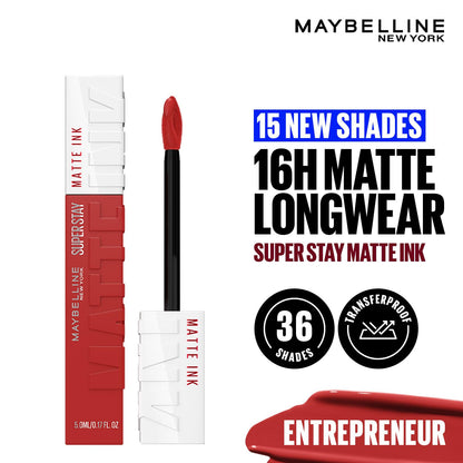 Maybelline New York Superstay Matte Ink Liquid Lipstick, Entrepreneur | No budge bold color for 16H | Transferproof, Waterproof, Foodproof | Brown skin friendly