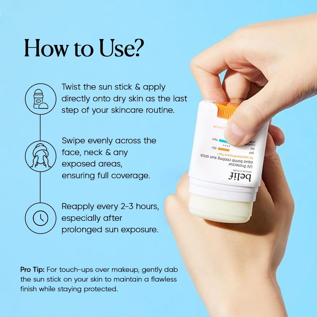 Sun stick with usage instructions on a blue background