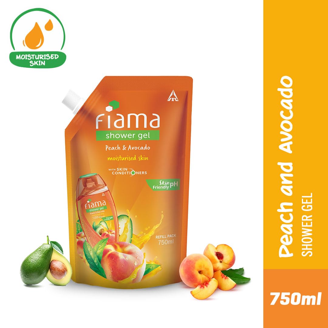 Fiama Shower Gel Peach & Avocado Body Wash with Vitamin E, 750 ml Refill Pack, Value Pouch for Soft Moisturised & Hydrating Skin,