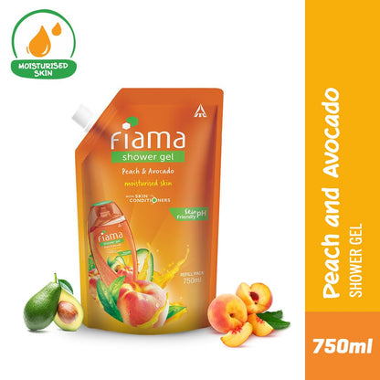 Fiama Shower Gel Peach & Avocado Body Wash with Vitamin E, 750 ml Refill Pack, Value Pouch for Soft Moisturised & Hydrating Skin,