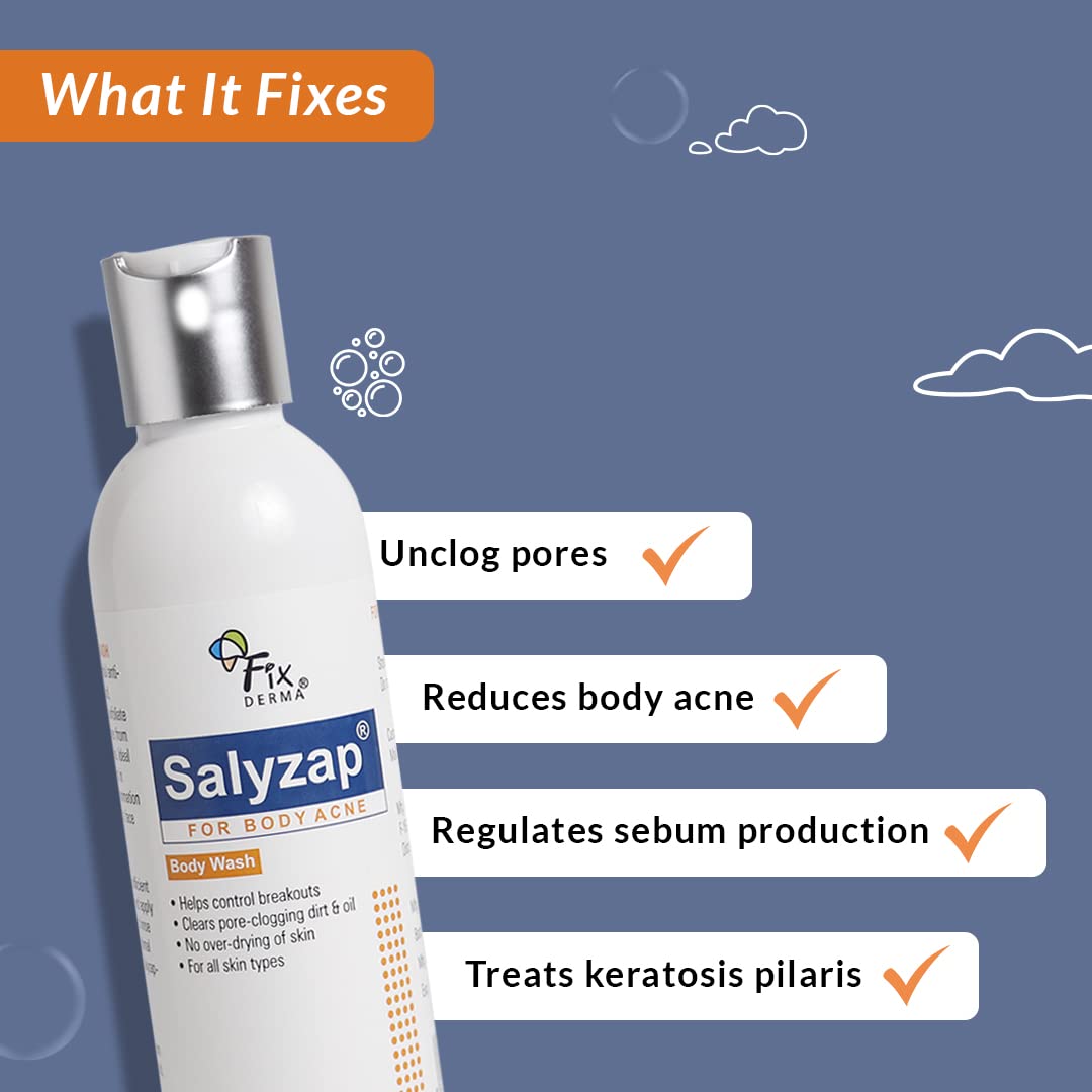 Fixderma Salyzap 2% w/w Salicylic Acid Acne Body Wash 200ml and AZ Acne Body Spray 100ml