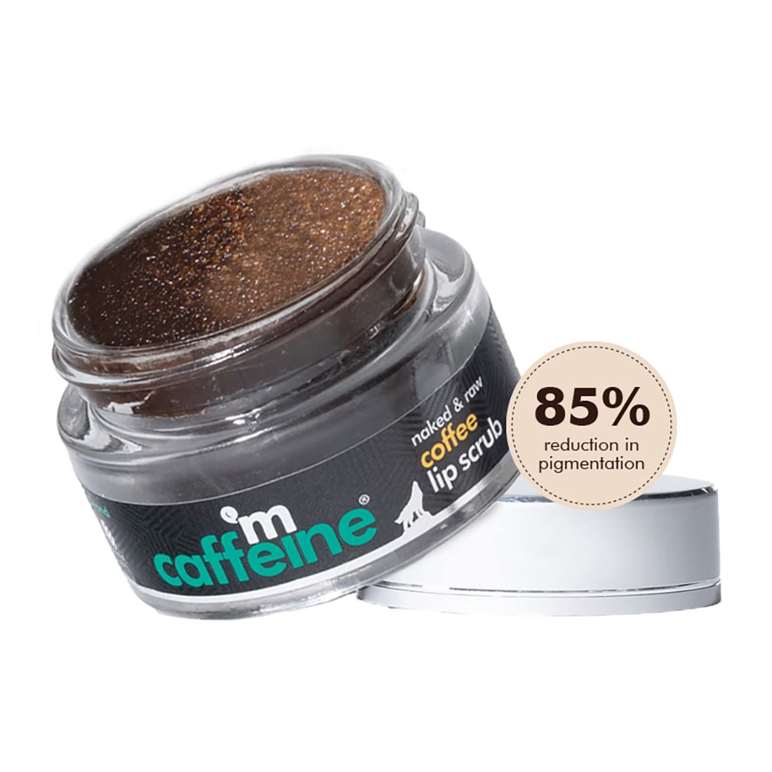 Jar of coffee lip scrub with visible coffee grounds on a white background