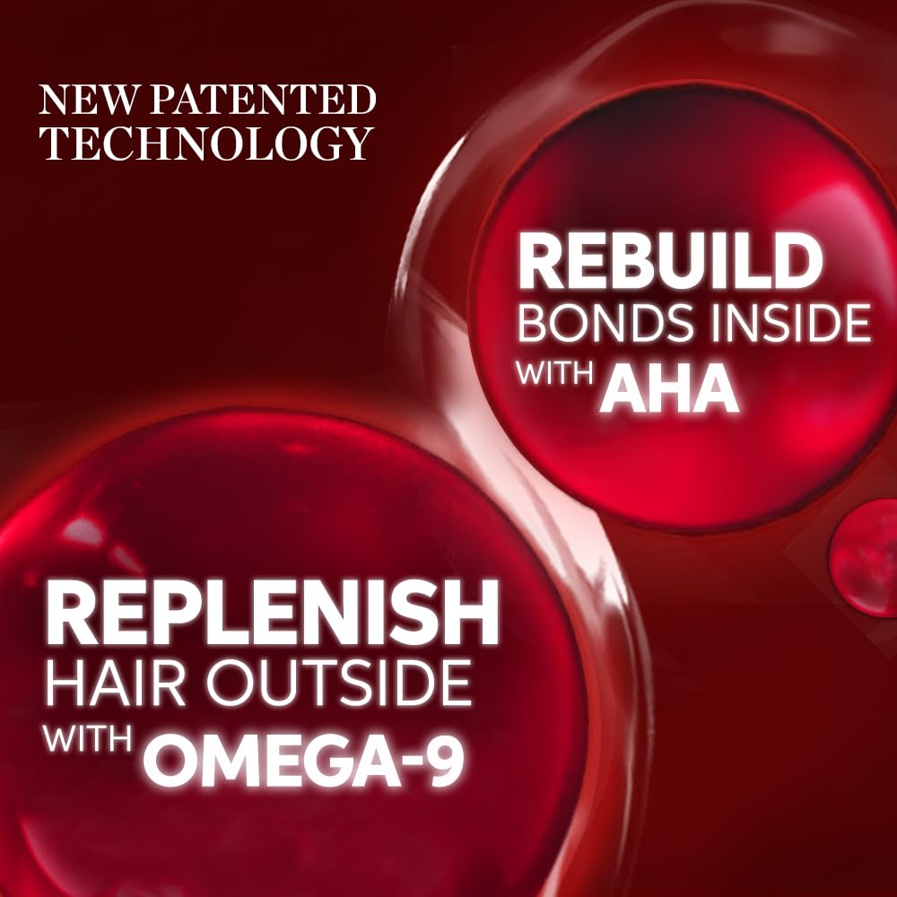 Red circular objects with text about new patented technology for hair care, featuring AHA and Omega-9.