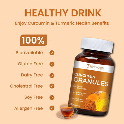 ZEROHARM Curcumin Granules from Turmeric | Easy-Mix Golden Wellness Drink for Immunity & Skin Health | Highly Bioavailable | No Mess, No Powder | Tea & Coffee Alternative for Men & Women | 100 Grams