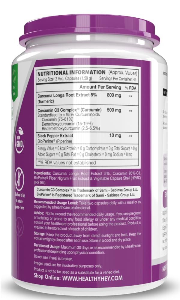 Zephivo HealthyHey Nutrition Curcumin with Bioperine 1310mg (Ultra Pure) | 90 Vegetable Capsules with Piperine
