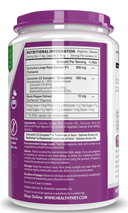 Zephivo HealthyHey Nutrition Curcumin with Bioperine 1310mg (Ultra Pure) | 90 Vegetable Capsules with Piperine

