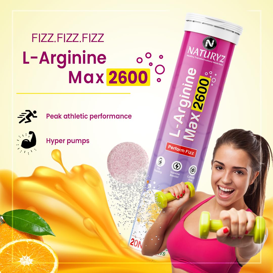 Naturyz L-Arginine Max 2600 supplement with a woman holding dumbbells on a yellow background