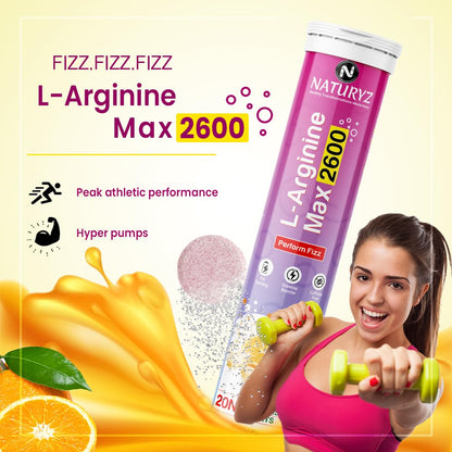 Naturyz L-Arginine Max 2600 supplement with a woman holding dumbbells on a yellow background