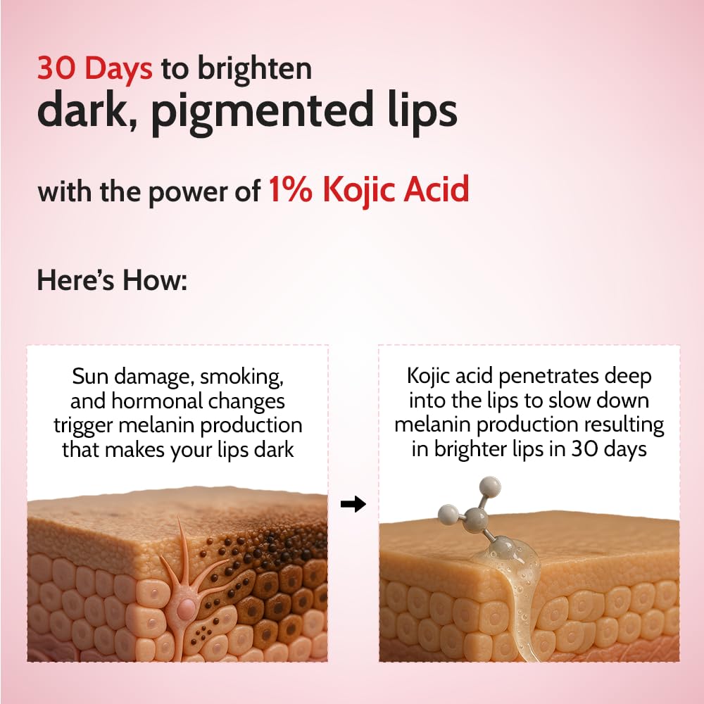 Advertisement for a lip brightening product with Kojic Acid on a pink background.
