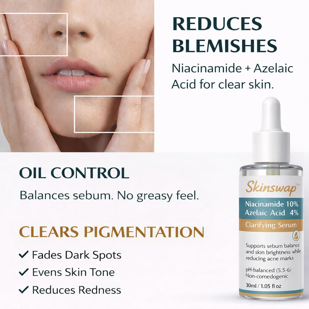 Skincare serum bottle with text highlighting benefits on a white background