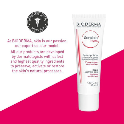 Bioderma Sensibio Forte tube on a pink and white background with text about dermatologist approval.