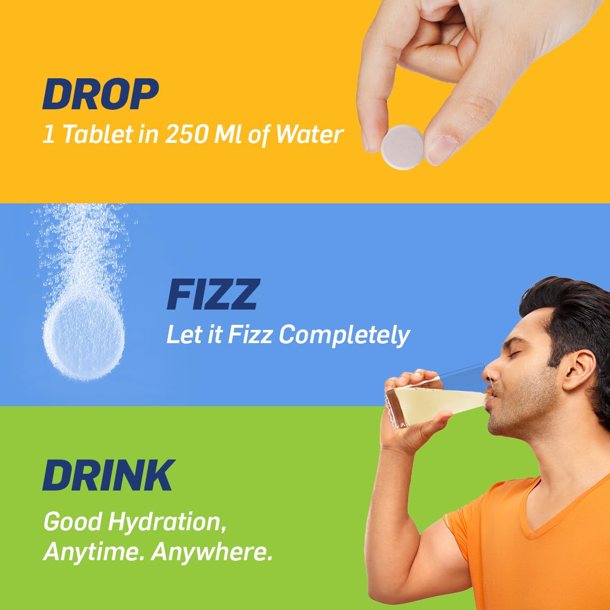 Product advertisement showing a tablet being dropped into water, with text instructions on hydration.