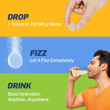 Product advertisement showing a tablet being dropped into water, with text instructions on hydration.