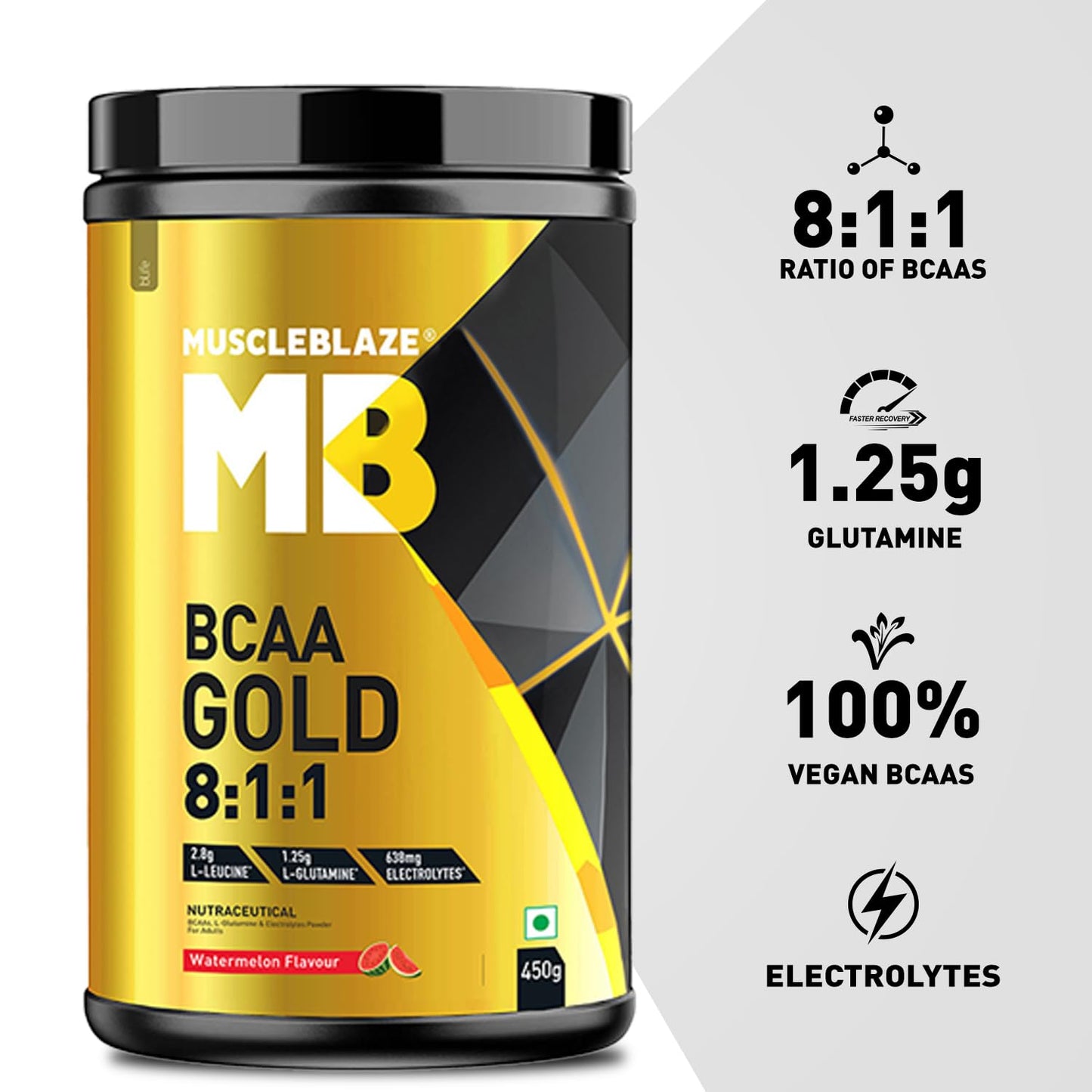 MuscleBlaze BCAA Gold 8:1:1 (450g, 60 Servings) | With Higher Leucine, Electrolytes & Glutamine