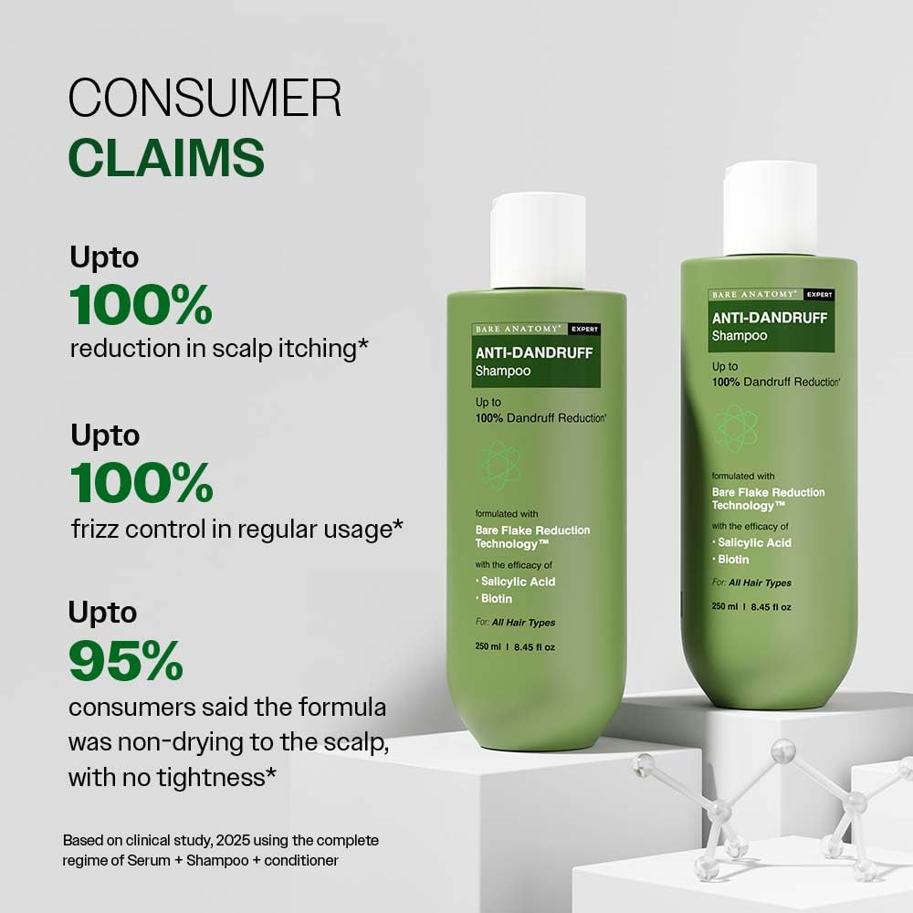 Bare Anatomy Anti-Dandruff Shampoo | Up To 100% Dandruff Reduction | ZPTO-Free | pH 5.3 | Salicylic Acid, Piroctone Olamine, Biotin & Menthol | Non-Drying Formula | Suitable for Men & Women | 250 ml