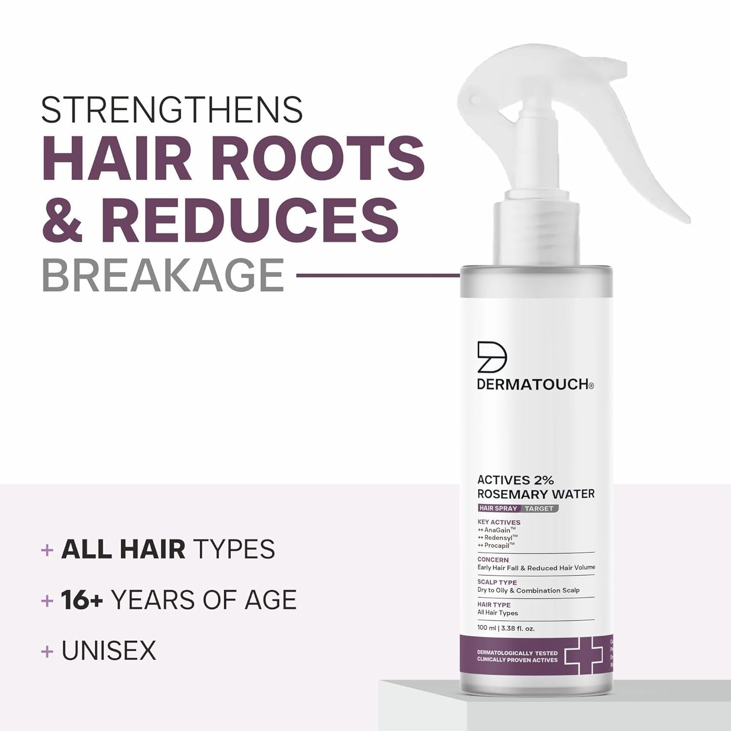 DERMATOUCH Rosemary Water Spray For Hair Growth (100 ml) | Advance 2% Actives Rosemary, Redensyl, Anagain + Procapil Hair Spray Mist for Hair Fall Control, Stimulates Hair Growth, Adds Shine , Strengthens Hair