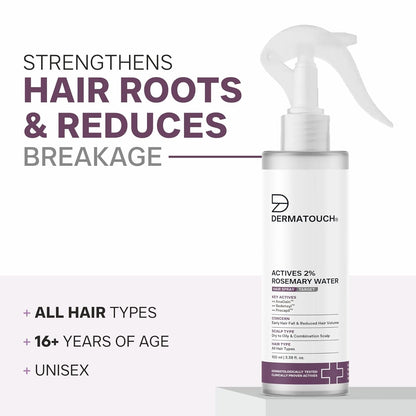 DERMATOUCH Rosemary Water Spray For Hair Growth (100 ml) | Advance 2% Actives Rosemary, Redensyl, Anagain + Procapil Hair Spray Mist for Hair Fall Control, Stimulates Hair Growth, Adds Shine , Strengthens Hair