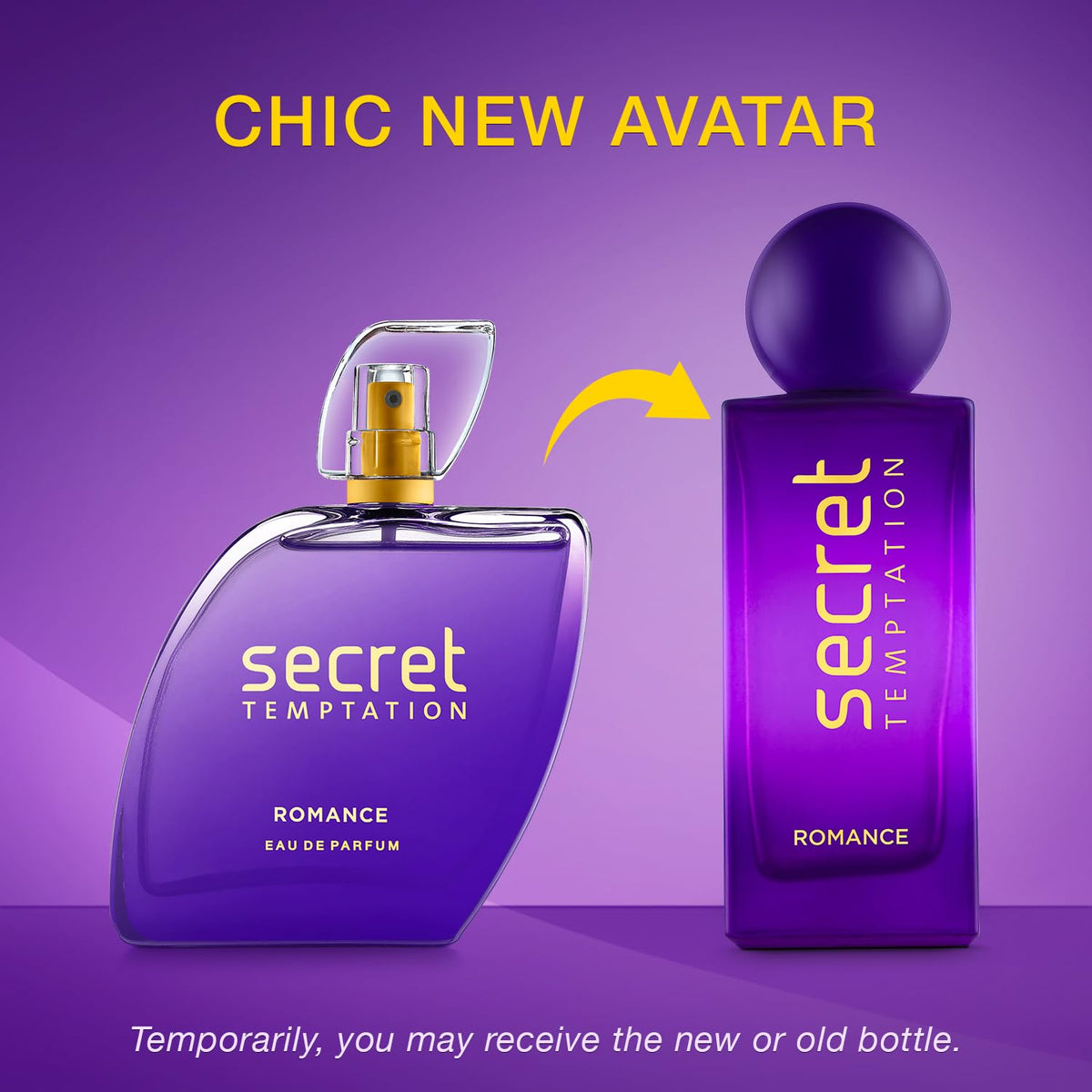 Purple 'secret TEMPTATION' perfume bottles on a purple background with text about a 'Chic New Avatar'.