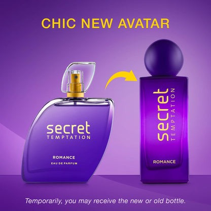Purple 'secret TEMPTATION' perfume bottles on a purple background with text about a 'Chic New Avatar'.