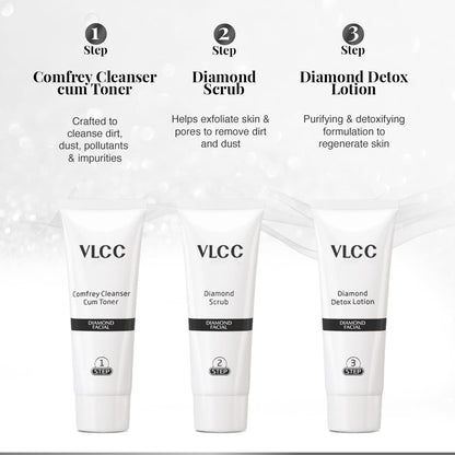 VLCC Diamond Facial Kit - 60g | Skin purifying with Parlour Glow | Improves Elasticity, Brightens and Lightens Patchy Damaged Skin | With Colloidal Diamond, Jojoba Oil, Olive Oil & Aloe Vera.