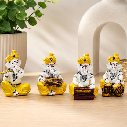 THE SACRED GIFTS Baby Ganesha Musician Statue Set of 4 Polyresin Showpiece for Home Decor | Ganpati Playing Flute, Dholak, Harmonium & Tabla | Decorative Idol for Living Room, Office, Temple & Gift
