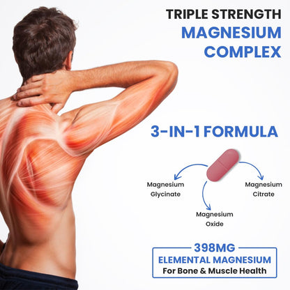 Advertisement for a triple strength magnesium complex with a person holding their neck.