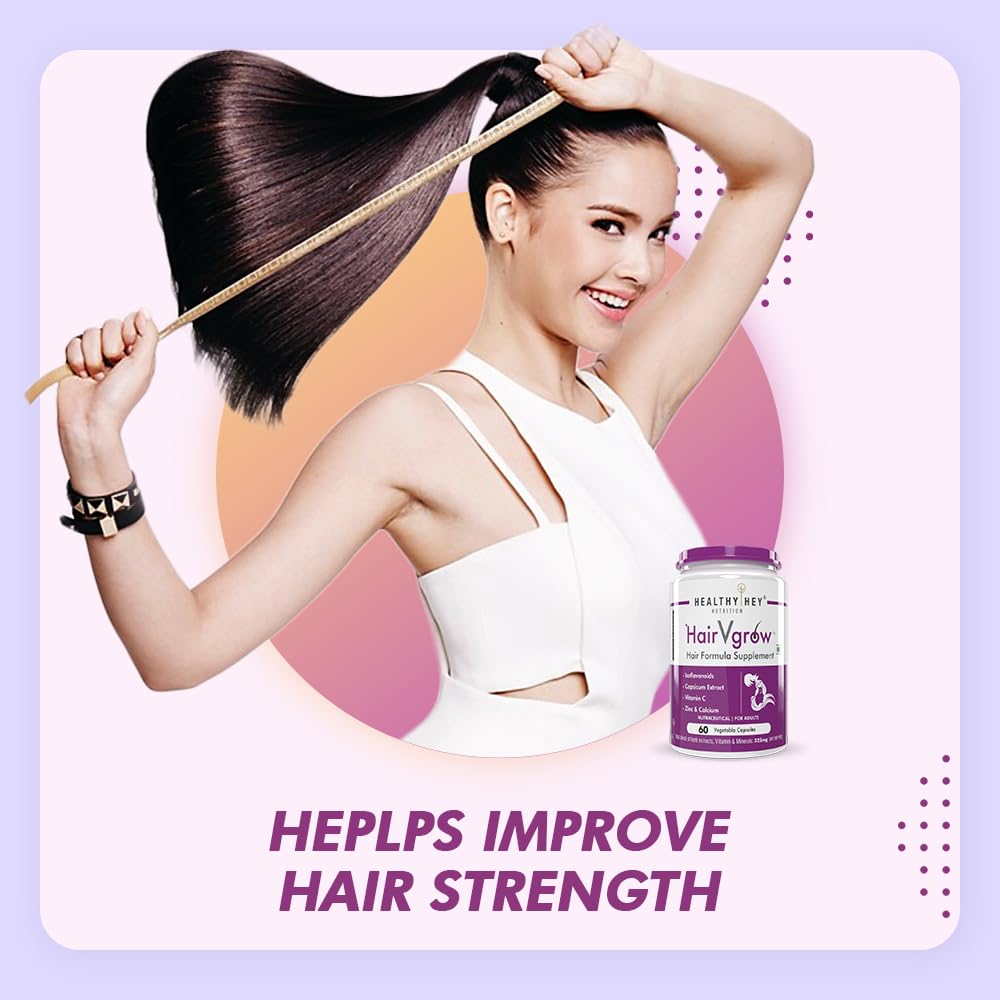 Woman measuring her long hair with a measuring tape, next to a bottle of Hair Growth supplement on a colorful background.