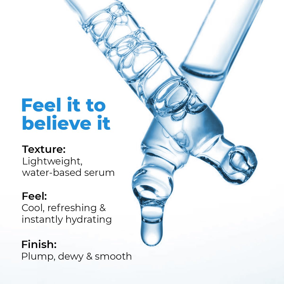 Glass serum bottle with text describing its properties on a white background