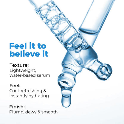 Glass serum bottle with text describing its properties on a white background