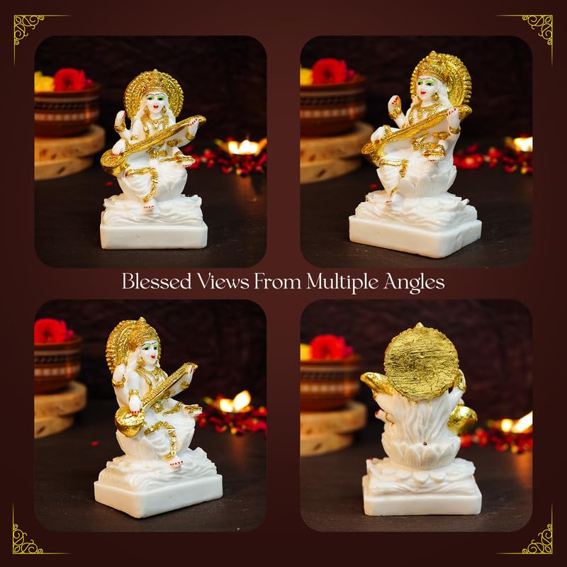 Aura Series Marble Dust Maa Saraswati Idol (5 inch) | Gold Plated Saraswati Maa Murti for Study Table, Pooja Room & Home Decor | Resin Saraswathi Devi Pital Idol | Saraswati Statue for Gifting