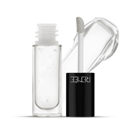 Clear cosmetic bottle with white cap and black cylindrical container labeled 'Rene' on a white background