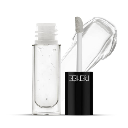 Clear cosmetic bottle with white cap and black cylindrical container labeled 'Rene' on a white background