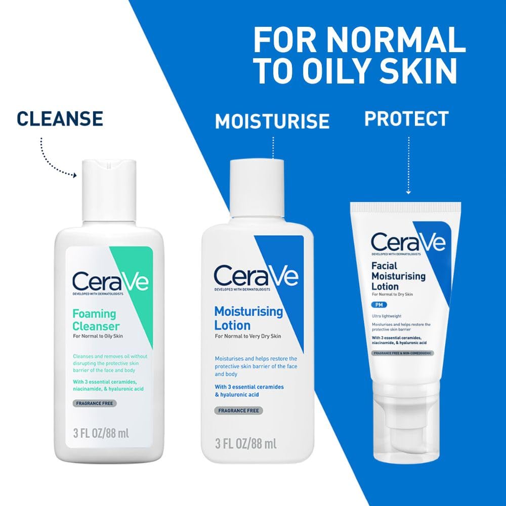 CeraVe skincare products for normal to oily skin on a blue and white background