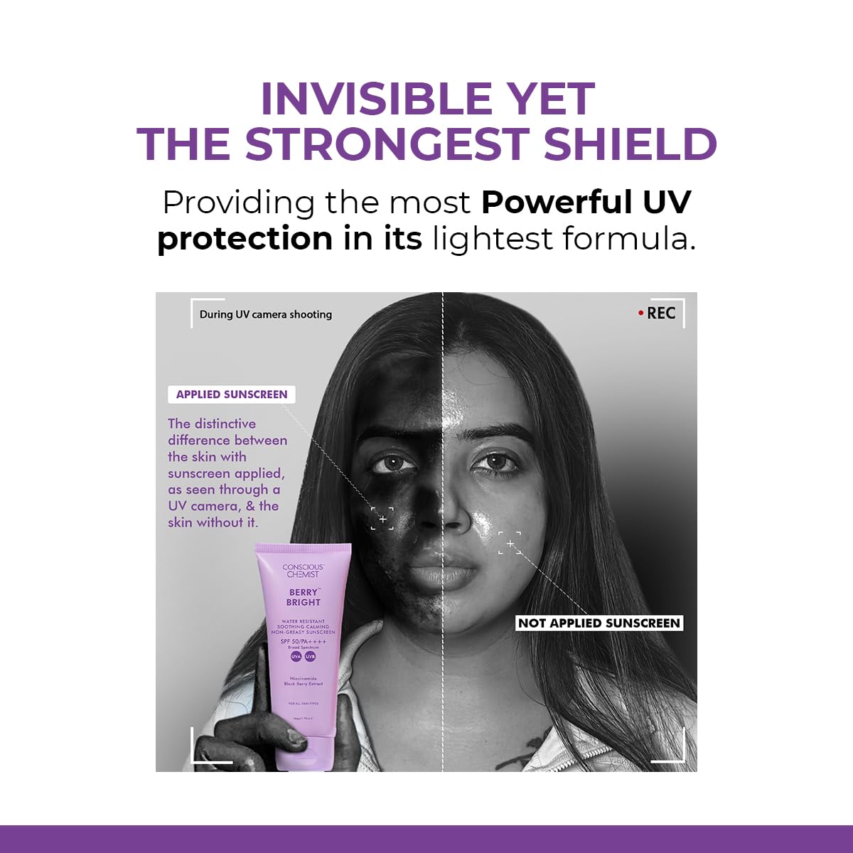 Advertisement for sunscreen showing a comparison of UV protection on skin with and without sunscreen.