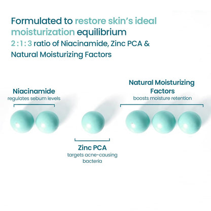 Skincare product with labeled ingredients and their functions on a white background