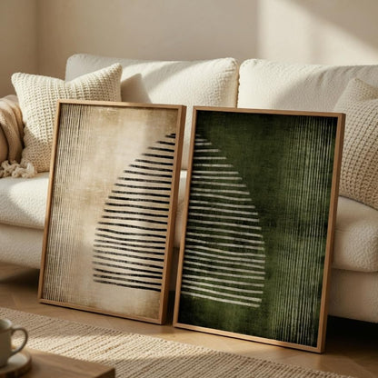 Modern Abstract Geometric Wall Painting Set of 2 with Wooden Frames | Minimalist Line Art HD Sparkle Laminated MDF Wall Decor | Contemporary Abstract Wall Art for Living Room Bedroom