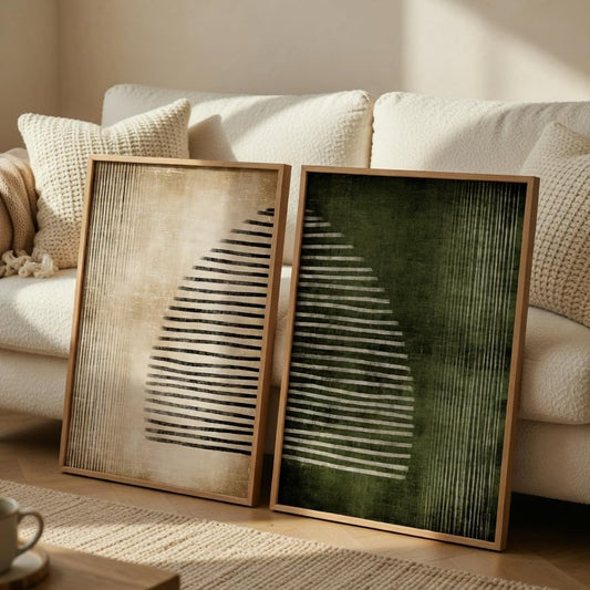 Modern Abstract Geometric Wall Painting Set of 2 with Wooden Frames | Minimalist Line Art HD Sparkle Laminated MDF Wall Decor | Contemporary Abstract Wall Art for Living Room Bedroom