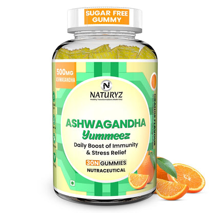 Naturyz Ashwagandha Yummeez gummy bottle with oranges on a white background