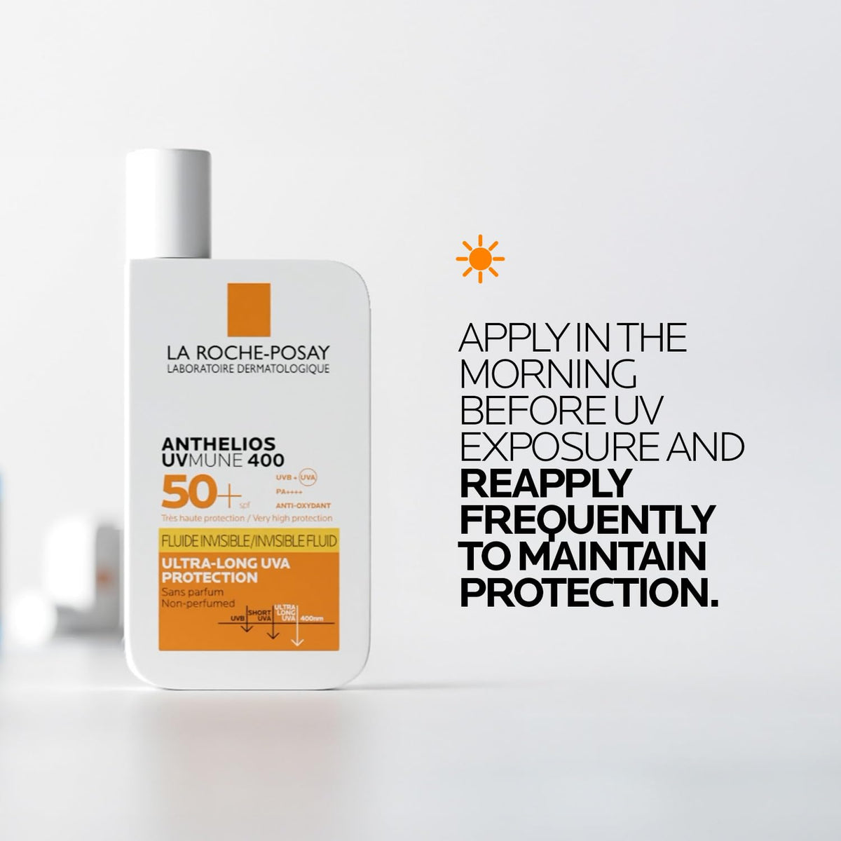La Roche-Posay sunscreen bottle with application instructions on a white background